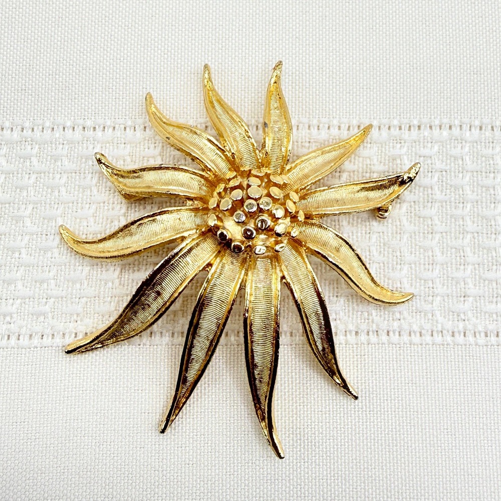 Vintage Big BSK Gold Tone Flower Brooch Pin